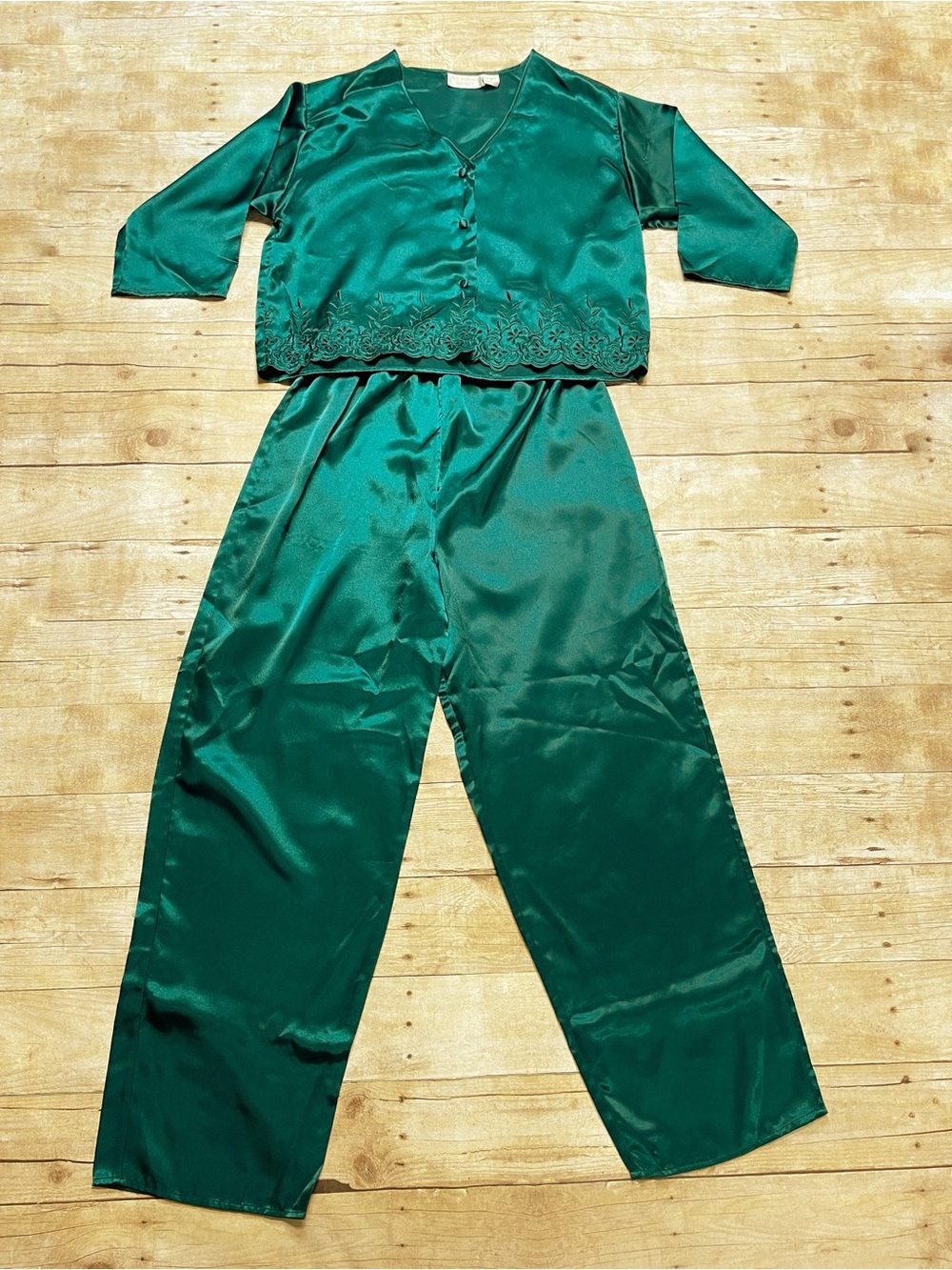 Victoria’s Secret Vintage Gold Label Two Piece Dark Green Silky Pajama Set